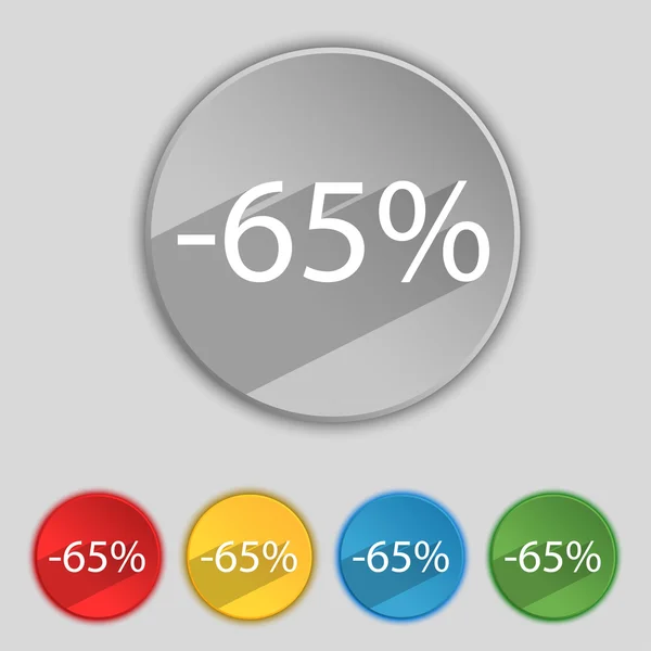 65 Prozent Rabattzeichen-Symbol. Verkaufssymbol. Sonderangebotsetikett. Set von farbigen Schaltflächen Vektor — Stockvektor