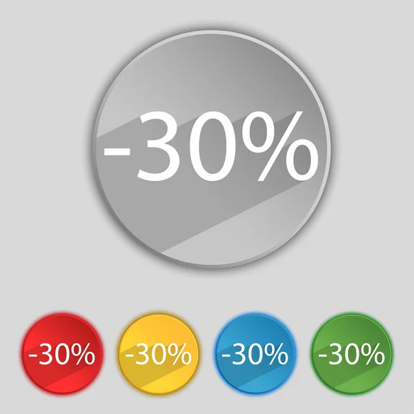 30 Prozent Rabattschild-Symbol. Verkaufssymbol. Sonderangebotsetikett. Set von farbigen Schaltflächen Vektor — Stockvektor