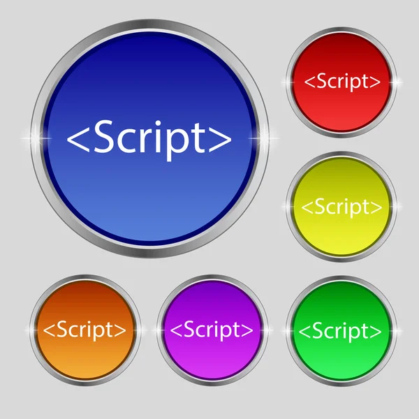 Script teken pictogram. JavaScript code symbool. Set van gekleurde knoppen. Vector — Stockvector