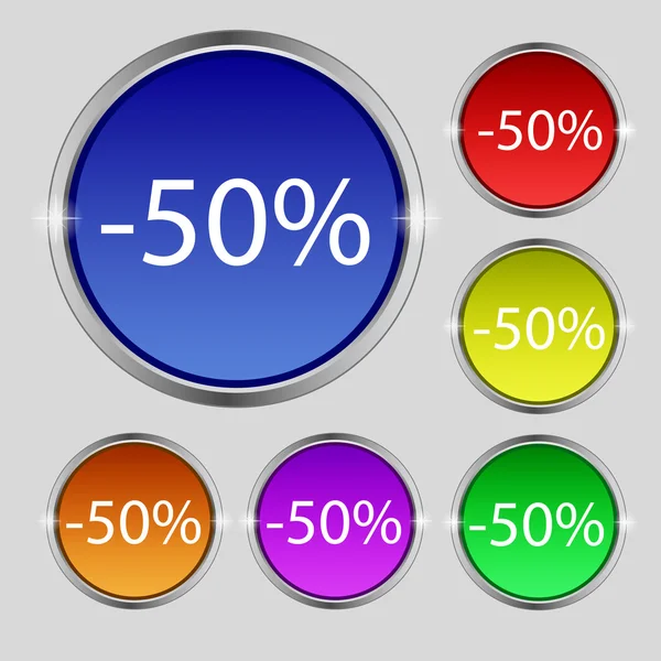 50 percent discount sign icon. Sale symbol. Special offer label. Set of colored buttons Vector — Stock Vector