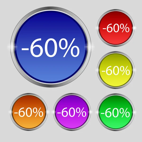 60 Prozent Rabattschild-Symbol. Verkaufssymbol. Sonderangebotsetikett. Set von farbigen Schaltflächen Vektor — Stockvektor
