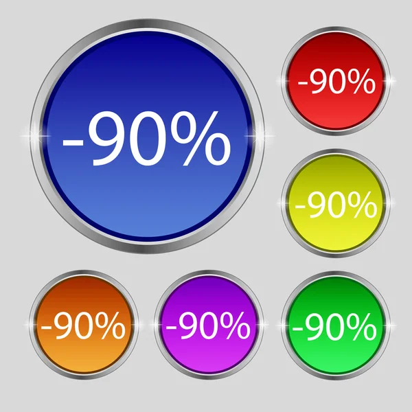 90 procent rabatt tecken ikon. Försäljning-symbol. Specialerbjudande-etikett. Uppsättning färgade knappar vektor — Stock vektor