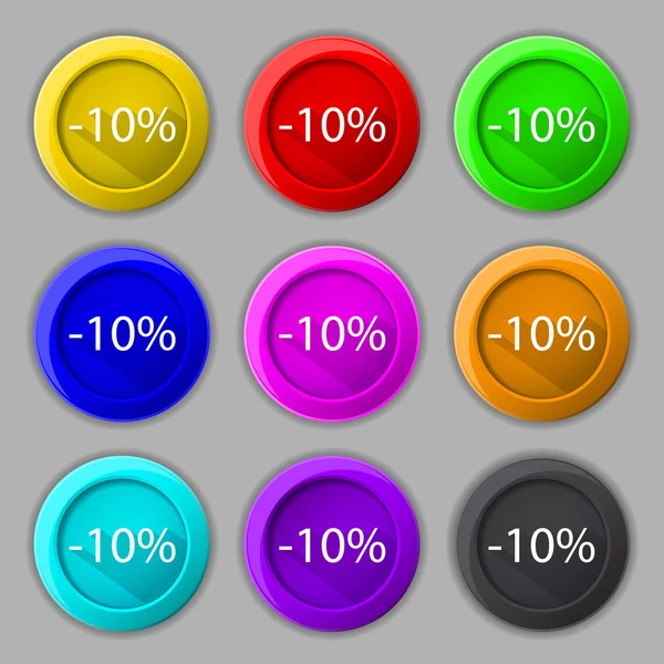 10 Prozent Rabatt Zeichen Symbol. Verkaufssymbol. Sonderangebotsetikett. Set von farbigen Schaltflächen Vektor — Stockvektor