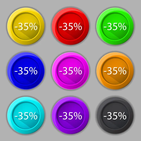 35 percent discount sign icon. Sale symbol. Special offer label. Set of colored buttons Vector — Stock Vector