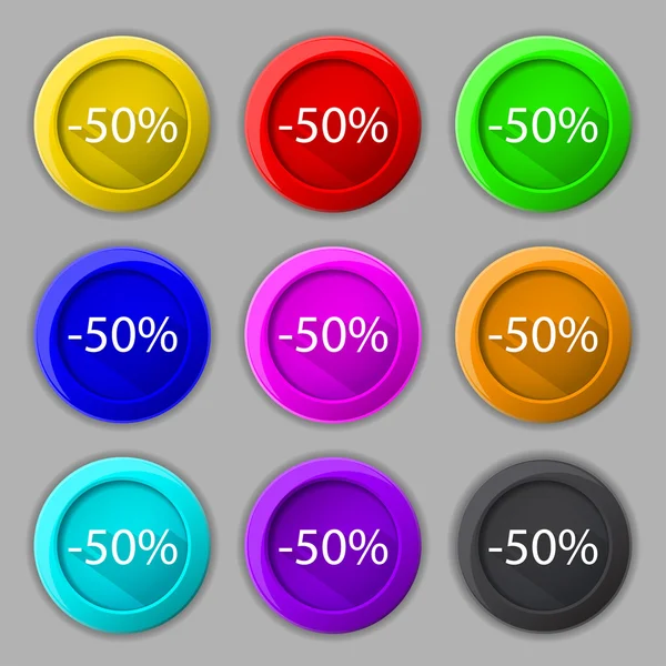 50 Prozent Rabatt-Zeichen-Symbol. Verkaufssymbol. Sonderangebotsetikett. Set von farbigen Schaltflächen Vektor — Stockvektor