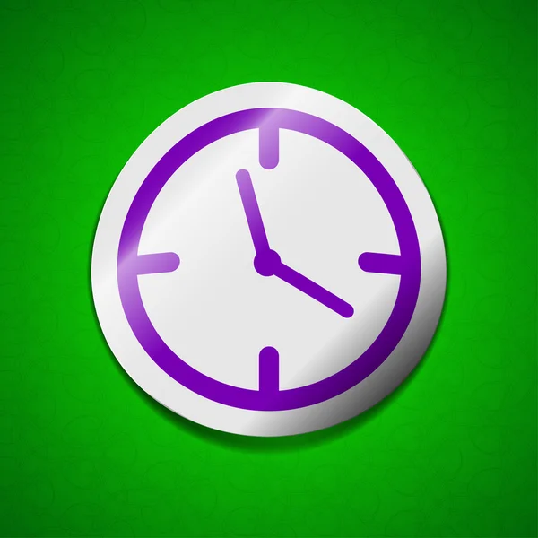 Signo del icono del reloj de alarma. Símbolo chic etiqueta pegajosa de color sobre fondo verde . —  Fotos de Stock