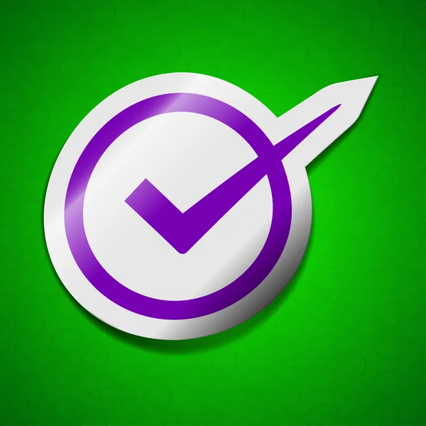 Check mark icon sign. Symbol chic colored sticky label on green background. — Stock Photo, Image