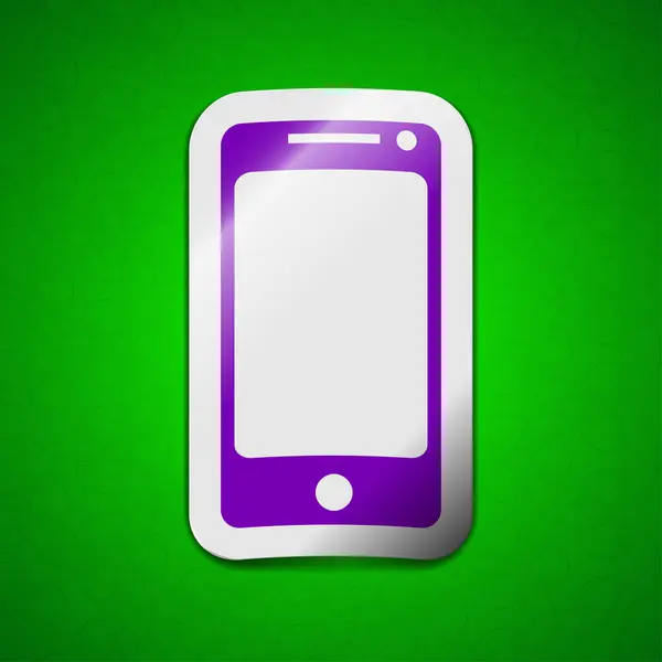 모바일 장치 아이콘 기호입니다. 녹색 배경에 기호 세련 된 컬러 스티커 라벨. — 스톡 사진