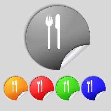 İşareti simgesi yemek. Çatal bıçak takımı sembolü. Çatal ve bıçak. Set renkli düğmeler 
