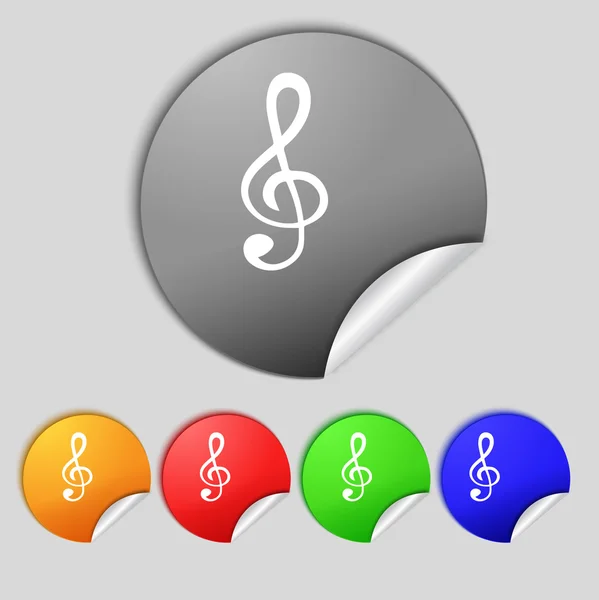 Ikona znak Uwaga muzyki. Muzyczne symbol. Zestaw kolorowych przycisków. — Zdjęcie stockowe