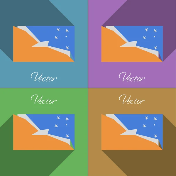 Banderas Provincia Tierra del Fuego. Conjunto de colores de diseño plano y largas sombras. Vector — Vector de stock