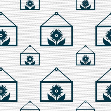 Frame with flower icon sign. Seamless pattern with geometric texture. Vector