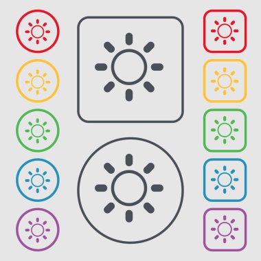 Brightness icon sign. symbol on the Round and square buttons with frame. Vector