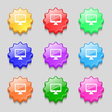 diagonal of the monitor 21 inches icon sign. symbol on nine wavy colourful buttons. Vector