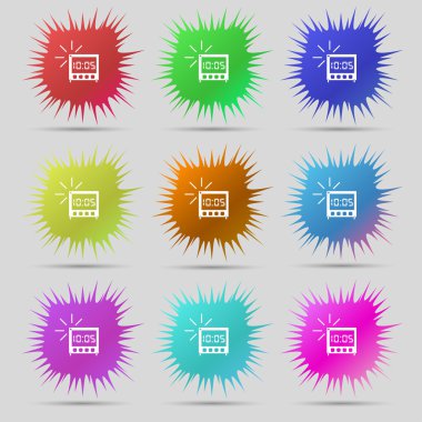 digital Alarm Clock icon sign. A set of nine original needle buttons. Vector