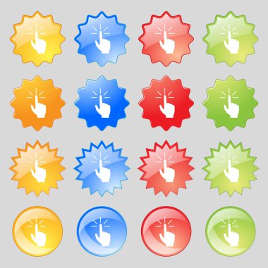 Click here hand icon sign. Big set of 16 colorful modern buttons for your design. Vector