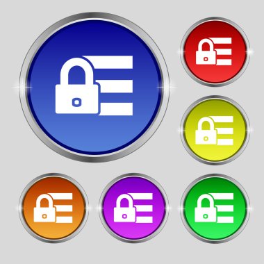 Lock, login icon sign. Round symbol on bright colourful buttons. Vector