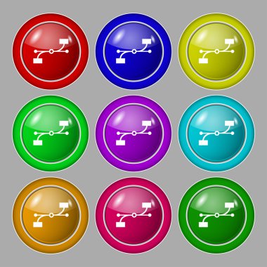 Bezier Curve icon sign. symbol on nine round colourful buttons. Vector