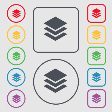 Layers icon sign. symbol on the Round and square buttons with frame. Vector clipart