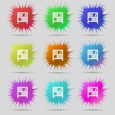 Bookshelf icon sign. A set of nine original needle buttons. Vector