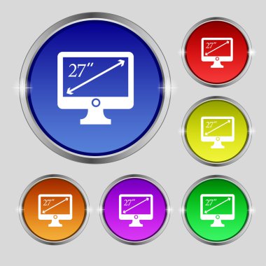 diagonal of the monitor 27 inches icon sign. Round symbol on bright colourful buttons. Vector