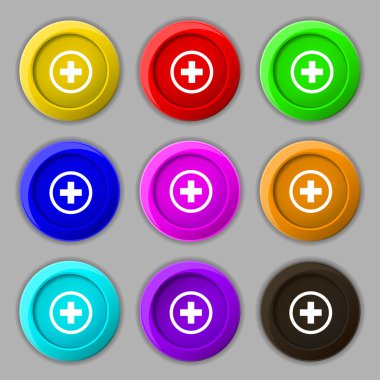 Plus, Positive, zoom icon sign. symbol on nine round colourful buttons. Vector