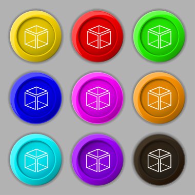 3d cube icon sign. symbol on nine round colourful buttons. Vector
