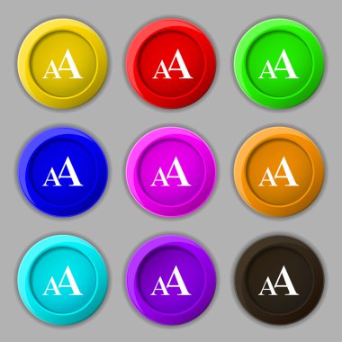 Enlarge font, AA icon sign. symbol on nine round colourful buttons. Vector