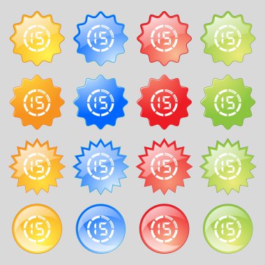 15 second stopwatch icon sign. Big set of 16 colorful modern buttons for your design. Vector