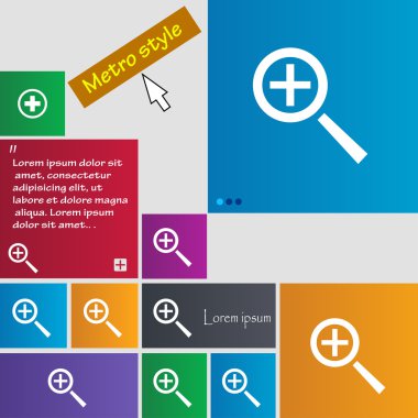 Magnifier glass, Zoom tool icon sign. Metro style buttons. Modern interface website buttons with cursor pointer. Vector