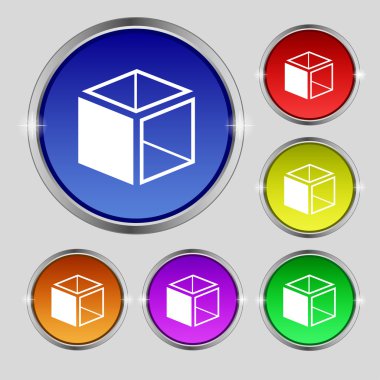 3d cube icon sign. Round symbol on bright colourful buttons. Vector