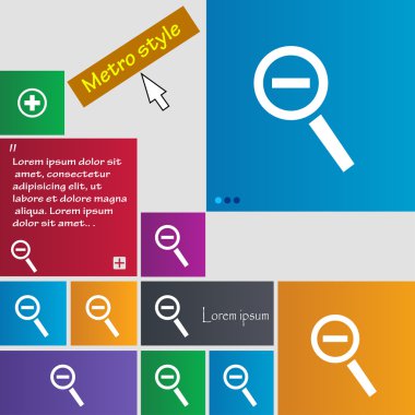 Magnifier glass, Zoom tool icon sign. Metro style buttons. Modern interface website buttons with cursor pointer. Vector