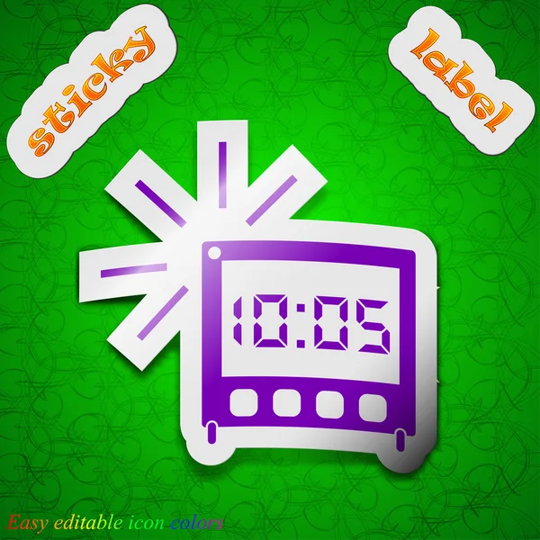 Digital Alarm Clock icon sign. Symbol chic colored sticky label on green background. Vector — Stock Vector