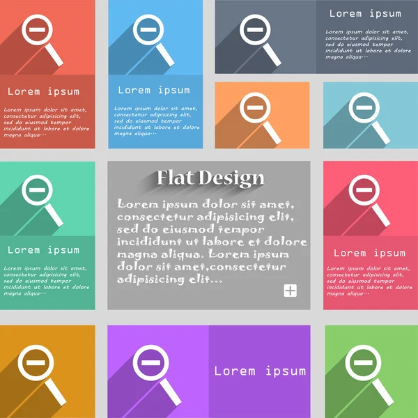 Magnifier glass, Zoom tool icon sign. Set of multicolored buttons. Metro style with space for text. The Long Shadow Vector — Stok Vektör