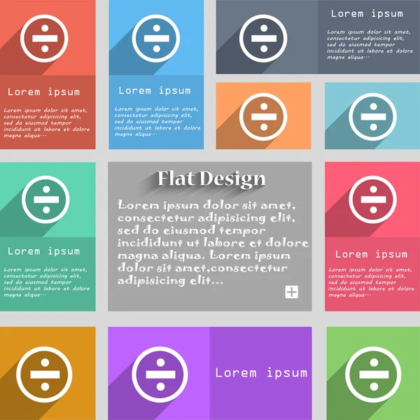 Segno dell'icona di divisione. Set di bottoni multicolori. Stile Metro con spazio per il testo. Il vettore dell'ombra lunga — Vettoriale Stock