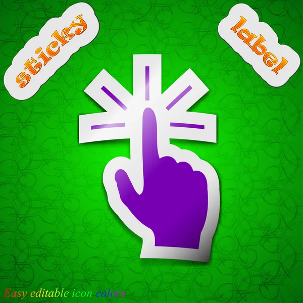 Click here hand icon sign. Symbol chic colored sticky label on green background. Vector — Stock Vector