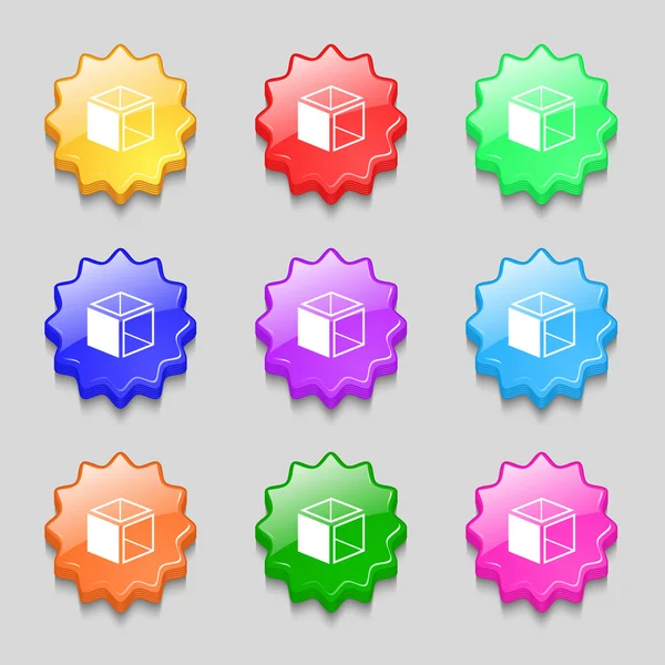 3d signo de icono de cubo. símbolo en nueve botones ondulados de colores. Vector — Archivo Imágenes Vectoriales