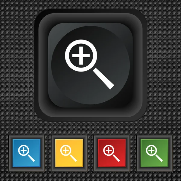 Magnifier glass, Zoom tool icon sign. symbol Squared colourful buttons on black texture. Vector — Stockový vektor