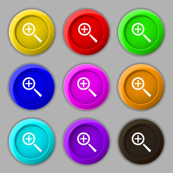 Lupa, signo de icono de herramienta Zoom. símbolo en nueve botones redondos de colores. Vector — Archivo Imágenes Vectoriales