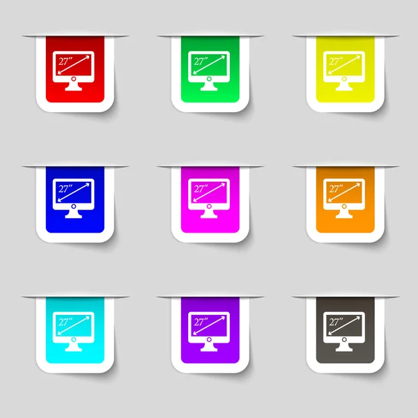 Diagonal of the monitor 27 inches icon sign. Set of multicolored modern labels for your design. Vector — Διανυσματικό Αρχείο