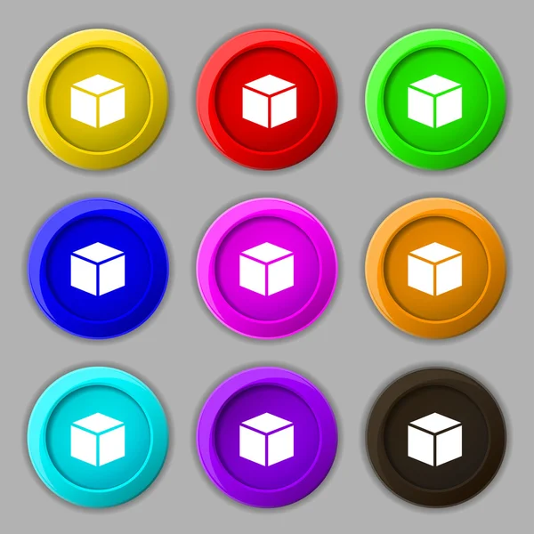 3d signo de icono de cubo. símbolo en nueve botones redondos de colores. Vector — Vector de stock