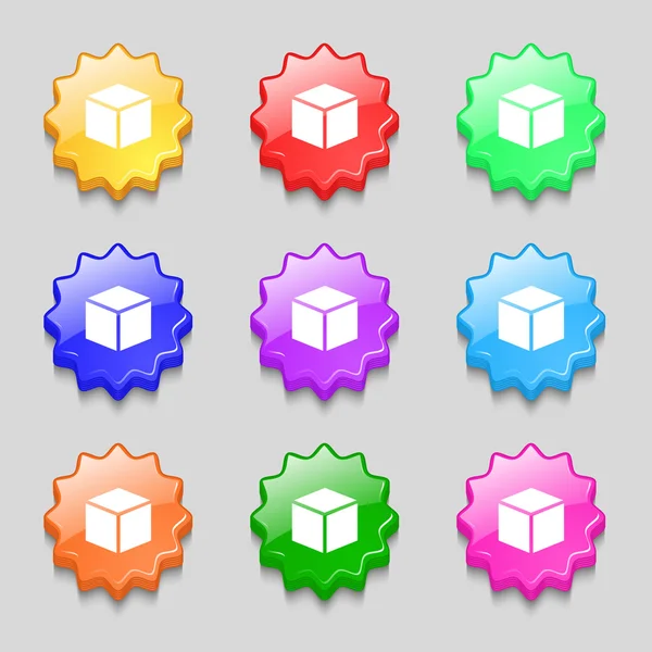 3d signo de icono de cubo. símbolo en nueve botones ondulados de colores. Vector — Archivo Imágenes Vectoriales