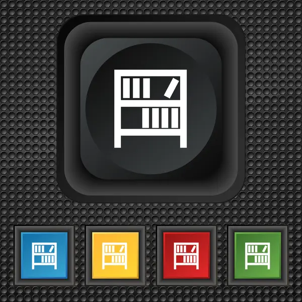 Bookshelf icon sign. symbol Squared colourful buttons on black texture. Vector — Stock Vector