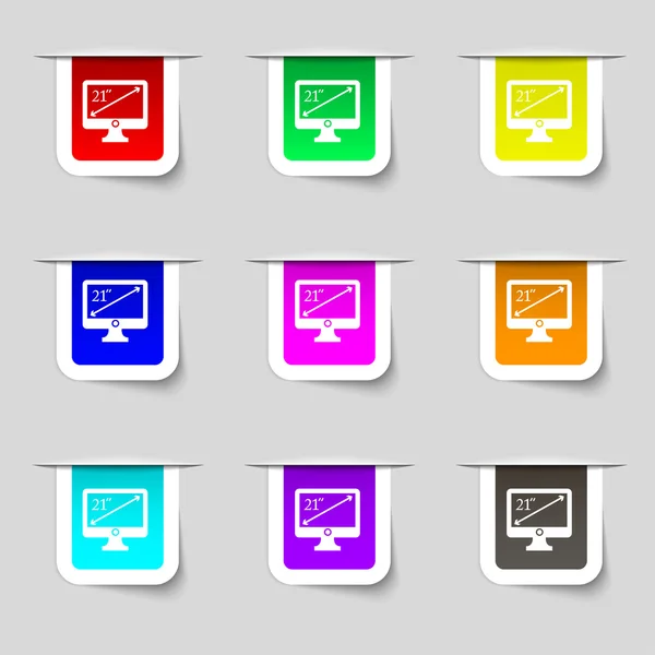 Diagonal of the monitor 21 inches icon sign. Set of multicolored modern labels for your design. Vector — Wektor stockowy