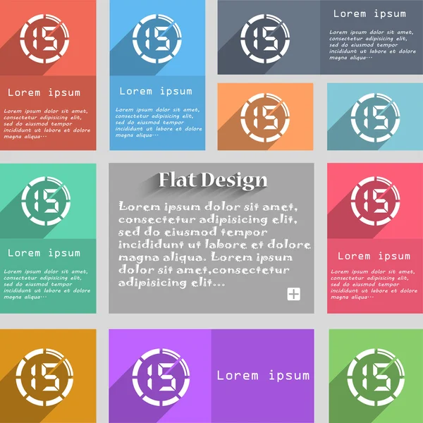 Signo del icono del cronómetro de 15 segundos. Juego de botones multicolores. Estilo metro con espacio para texto. El largo vector de la sombra — Archivo Imágenes Vectoriales