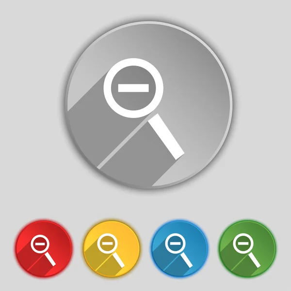 Lupa de vidro, ícone da ferramenta Zoom sinal. Símbolo em cinco botões planos. Vetor —  Vetores de Stock
