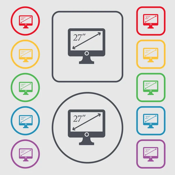 Diagonal do sinal do ícone do monitor de 27 polegadas. símbolo nos botões redondos e quadrados com quadro. Vetor — Vetor de Stock