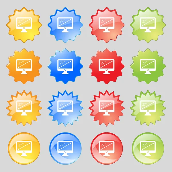 Diagonal of the monitor 27 inches icon sign. Big set of 16 colorful modern buttons for your design. Vector — Stock Vector