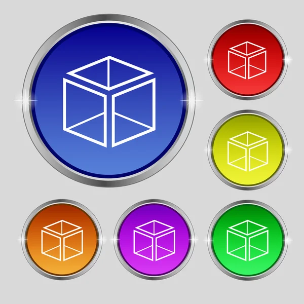 3d signo de icono de cubo. Símbolo redondo en botones de colores brillantes. Vector — Vector de stock