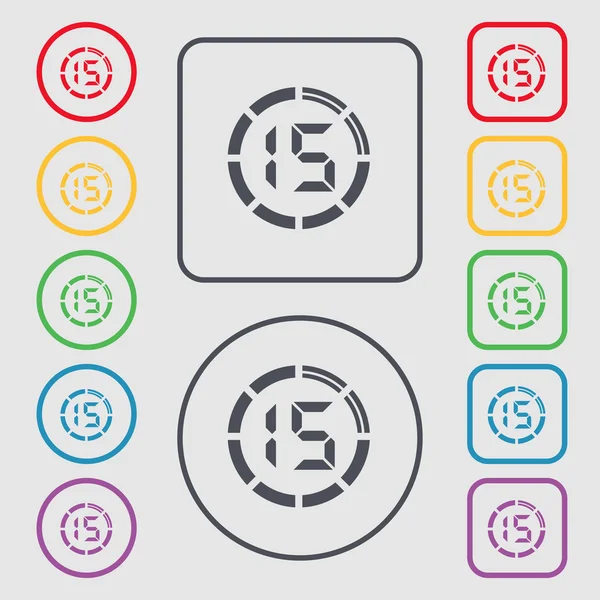 Segno icona cronometro 15 secondi. simbolo sul Tondo e pulsanti quadrati con cornice. Vettore — Vettoriale Stock